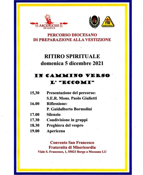 VESTIZIONE: DOMENICA  5 IL RITIRO SPIRITUALE AL CONVENTO